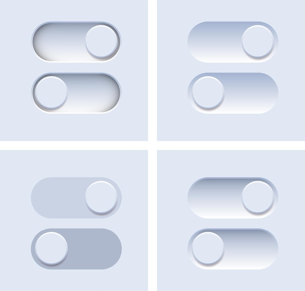 Pulsanti di commutazione ON OFF. Cursori di commutazione grigi. Sfarfallio, realismo e minimalismo. Ombra realistica