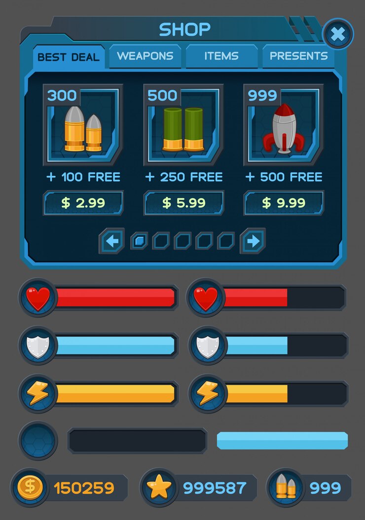 Pulsanti di interfaccia impostati per giochi o app spaziali