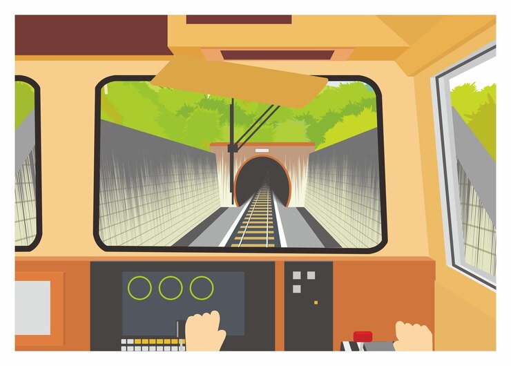 Vettore punto di vista del macchinista del treno quando il treno entra in una galleria illustrazione piatta semplice in prospettiva