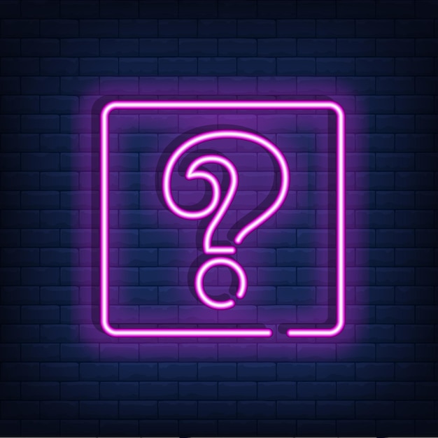 Punto interrogativo luminoso al neon Banner al neon quiz Cornice al neon a colori su muro di mattoni Cartello notturno luminoso realistico Illustrazione vettoriale