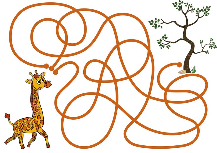 Puoi aiutare la giraffa a trovare il cibo Gioco di puzzle vettoriale per bambini?
