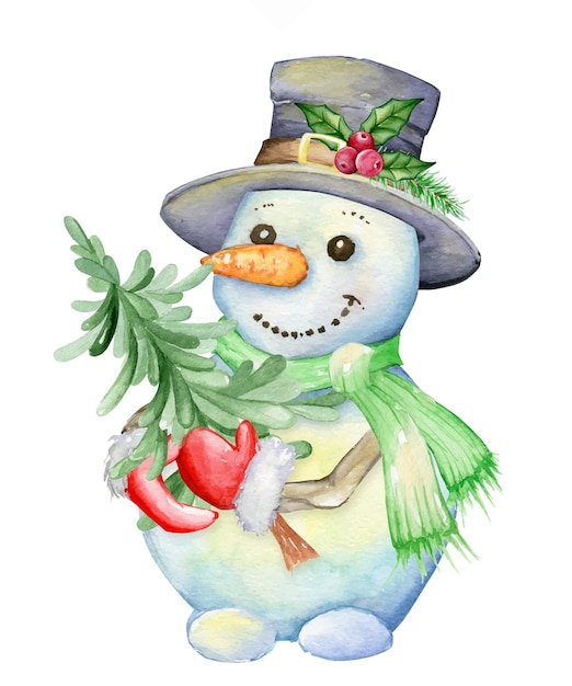Pupazzo di neve, in un cappello, che tiene un albero di abete, in stile cartone animato. Illustrazione dell'acquerello, per Natale