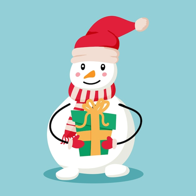 Pupazzo di neve simpatico cartone animato con un regalo e un cappello da Babbo Natale. Sfondo blu. Vettore