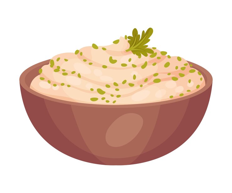 Vettore puree di patate in ciotola guarnita con erbe come illustrazione vettoriale dell'attributo del giorno del ringraziamento