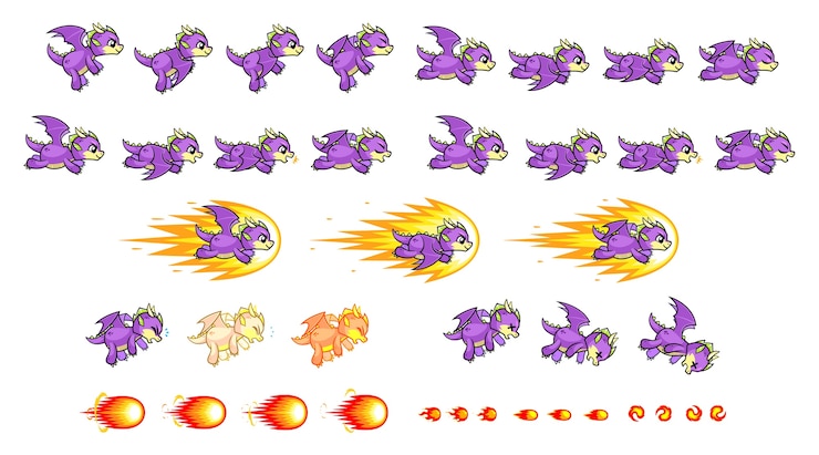 Vettore purple dragon game sprites 