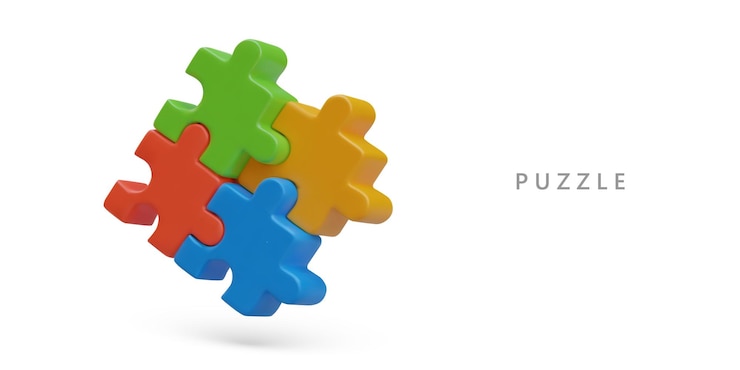 Vettore puzzle colorato realistico lavoro di squadra ricerca dello sviluppo di strategie di soluzioni aziendali