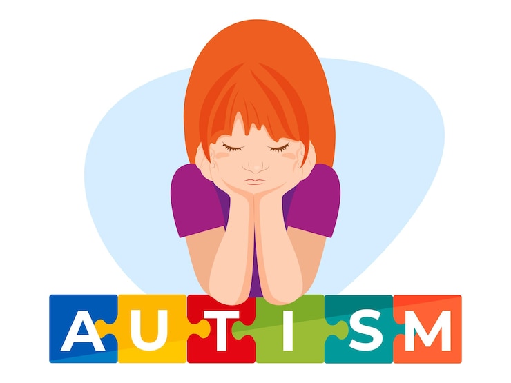 Vettore puzzle con segno di autismo. la ragazzina triste si siede da sola.