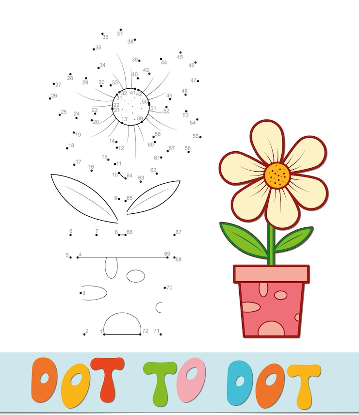 Vettore puzzle da punto a punto. unisci il gioco dei punti. illustrazione vettoriale di fiori in vaso