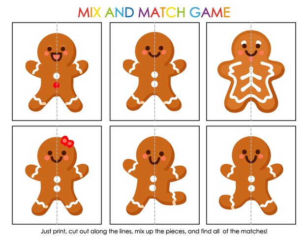 Puzzle di mix and match di Natale con carini uomini di pan di zenzero Attività di abbinamento per bambini in età prescolare
