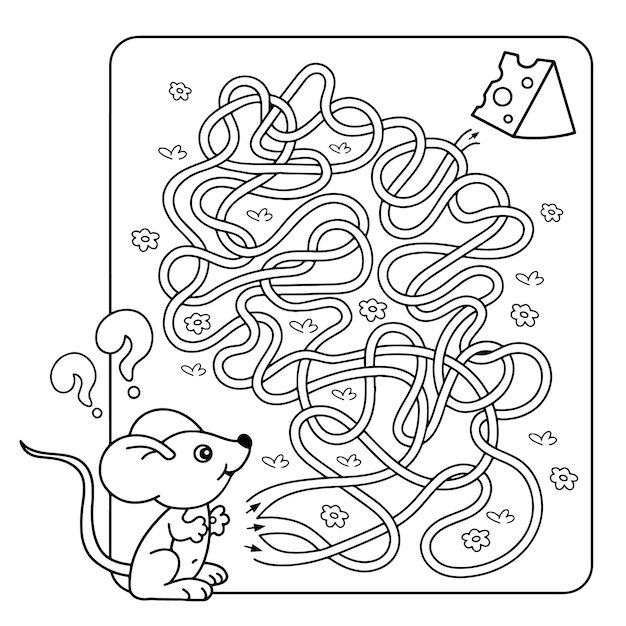 Puzzle Tangled Road Pagina da colorare Schema di topolino con formaggio Libro da colorare per bambini