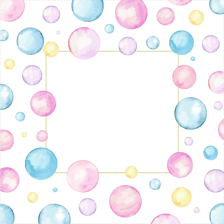 Vettore quadra geometrica ad acquerello con spazio di copia per il testo punti di polka gialli rosa blu circolo di confetti splashes bolle rotonde macchie di scarabocchi illustrazione disegnata a mano