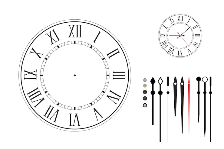 Vettore quadrante di orologio in stile retrò con numeri romani. insieme del costruttore. diversi tipi di lancette delle ore. quadrante nero su sfondo bianco