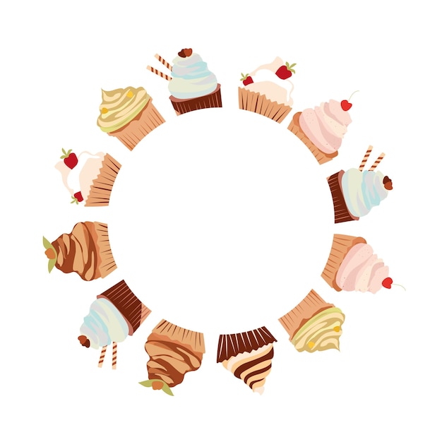 Quadro in stile piatto con vari dessert e cupcakes su sfondo bianco illustrazione vettoriale