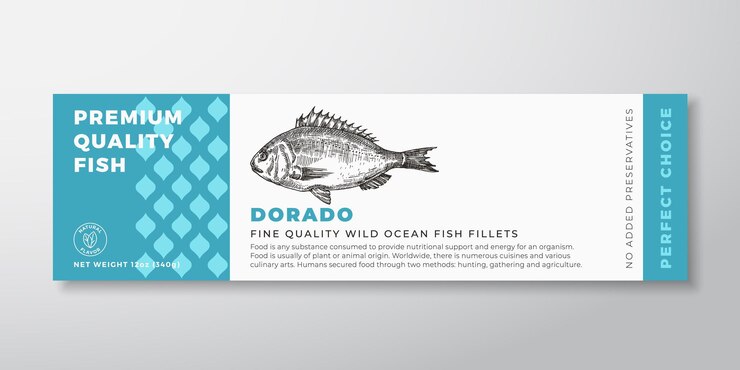 Qualità premium Dorado Vector Packaging Label Design Tipografia moderna e layout di sfondo del prodotto di pesce sagoma di pesce disegnato a mano