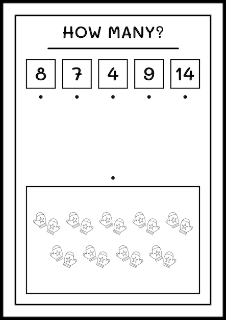 Quanti guanti invernali, gioco per bambini. Illustrazione vettoriale, foglio di lavoro stampabile