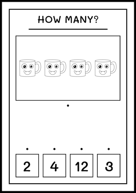 Quanti Mug, gioco per bambini. Illustrazione vettoriale, foglio di lavoro stampabile