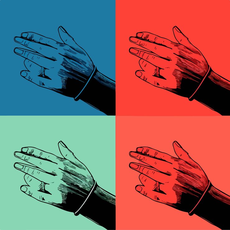 Vettore quattro disegni di mani che si tengono in diversi colori