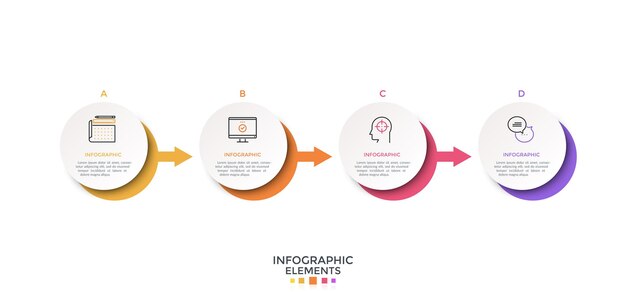 Quattro elementi rotondi di carta bianca disposti in fila orizzontale e collegati da frecce. Layout di progettazione infografica creativa. Illustrazione vettoriale per la visualizzazione del processo aziendale con 4 passaggi successivi.