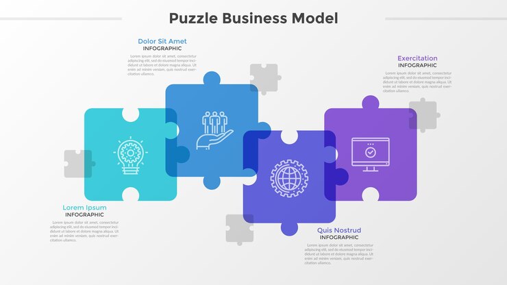 Quattro pezzi di puzzle traslucidi con icone a linee sottili all'interno posizionate in una riga orizzontale e intersecate. Concetto di sfida aziendale in 4 fasi. Modello di progettazione infografica. Illustrazione vettoriale.