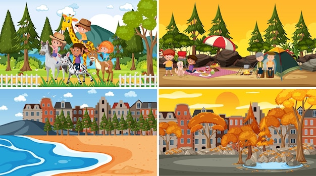 Quattro scene diverse con personaggi dei cartoni animati per bambini