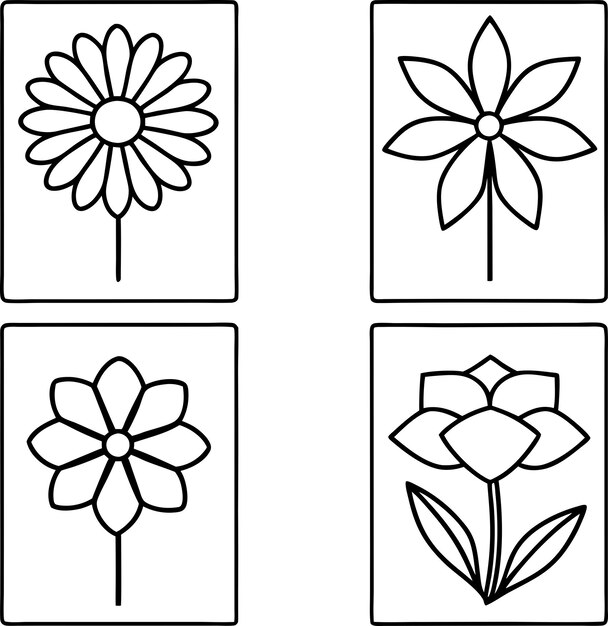 Quattro semplici disegni di fiori diversi in quadrati