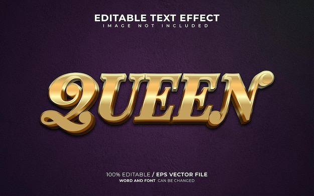 Queen Text Style Effect 3D Elegante colore oro