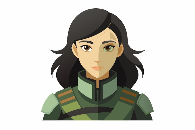 Vettore questa illustrazione raffigura una forte guerriera con lunghi capelli neri che indossa un'uniforme verde dettagliata il suo sguardo concentrato e l'abbigliamento suggeriscono una prontezza all'azione