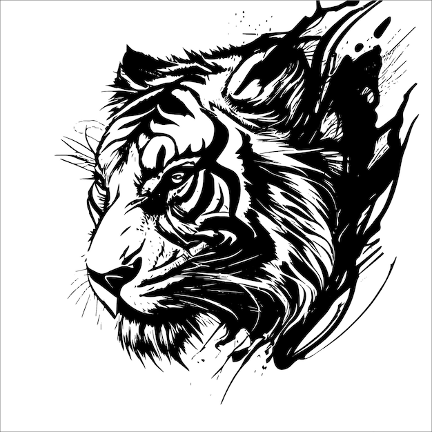 Questa illustrazione vettoriale della testa di tigre di ink splatz è un design audace e sorprendente caratterizzato da un intricato de