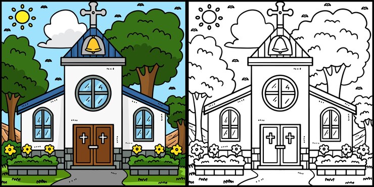 Vettore questa pagina da colorare mostra una chiesa cristiana un lato di questa illustrazione è colorato e serve da ispirazione per i bambini