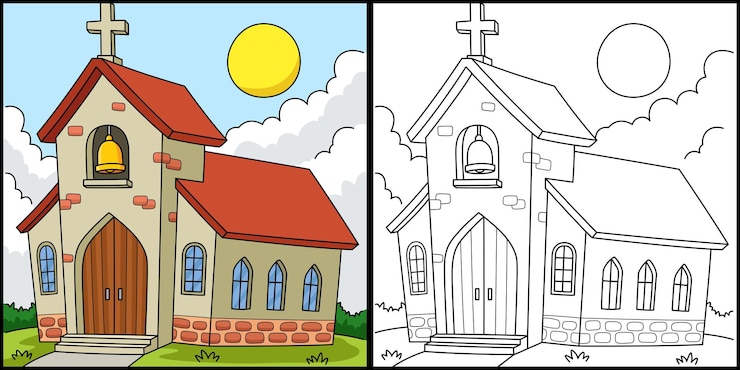 Vettore questa pagina da colorare mostra una chiesa cristiana un lato di questa illustrazione è colorato e serve da ispirazione per i bambini