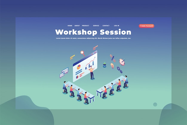 Queste persone stanno studiando in una sessione del workshop Illustrazione del modello della pagina di destinazione dell'intestazione della pagina Web