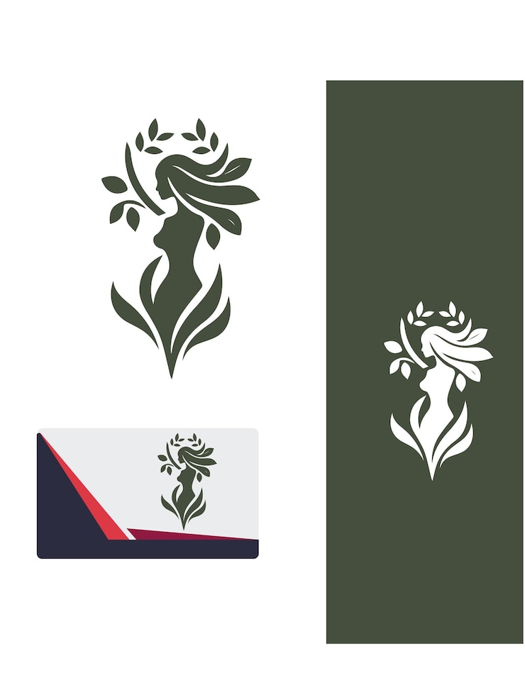 Questo elegante logo presenta un profilo di donna con i capelli che scorrono fatti di foglie
