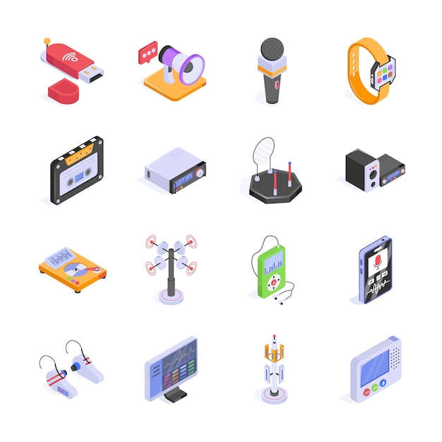 Questo vibrante design isometrico mostra una collezione di dispositivi tecnologici di comunicazione provenienti da circa