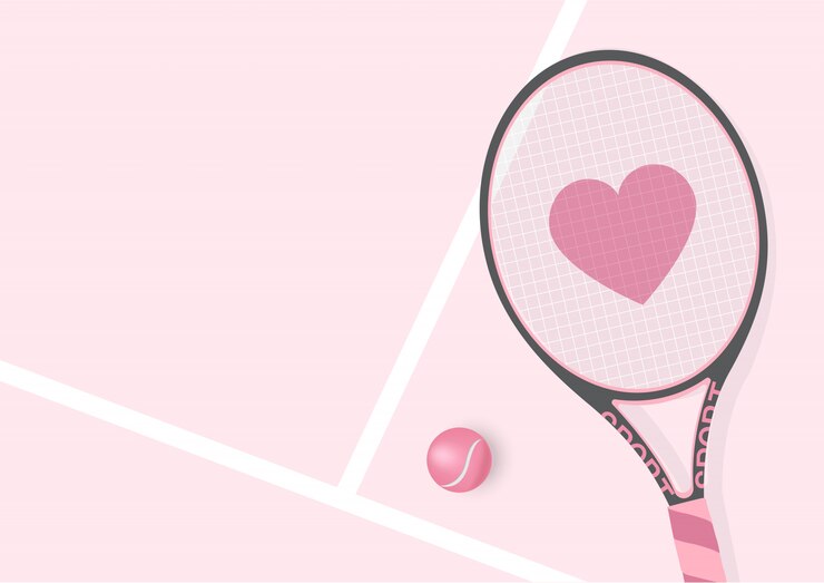Vettore racchetta realistica rosa pastello con cuore e pallina da tennis