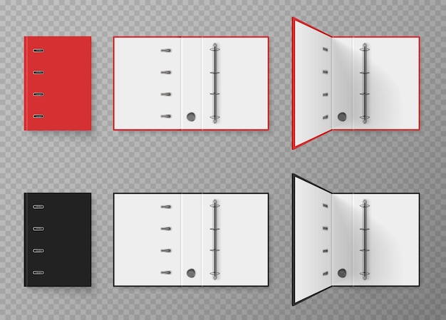 Raccoglitore per ufficio A4 rosso e nero con modello realistico di anelli di metallo su sfondo trasparente illustrazione vettoriale isolato