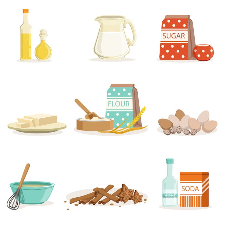 Vettore raccolta degli ingredienti e degli utensili della cucina e degli utensili di cottura delle illustrazioni realistiche del fumetto con la cottura degli oggetti relativi