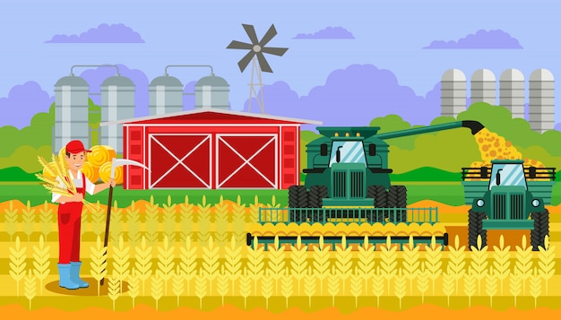 Raccolta del grano nell'illustrazione piana del campo