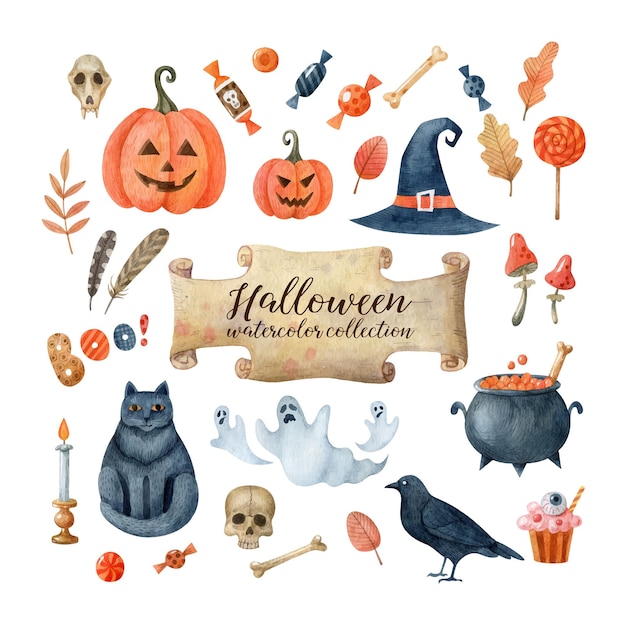 Raccolta dell'acquerello di clipart di Halloween isolata su fondo bianco Illustrazione di festa