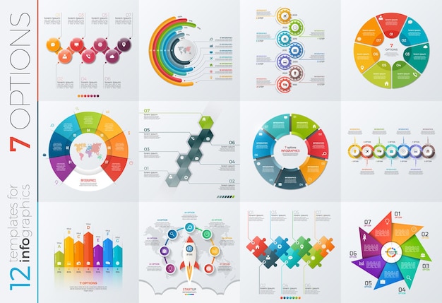Raccolta di 12 modelli vettoriali per infografica con 7 opzioni per presentazioni, pubblicità, layout, relazioni annuali