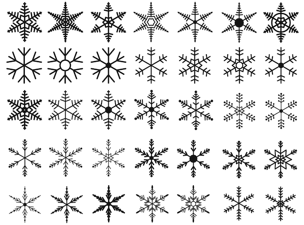 Raccolta di 35 fiocchi di neve vettoriali neri isolati su sfondo bianco