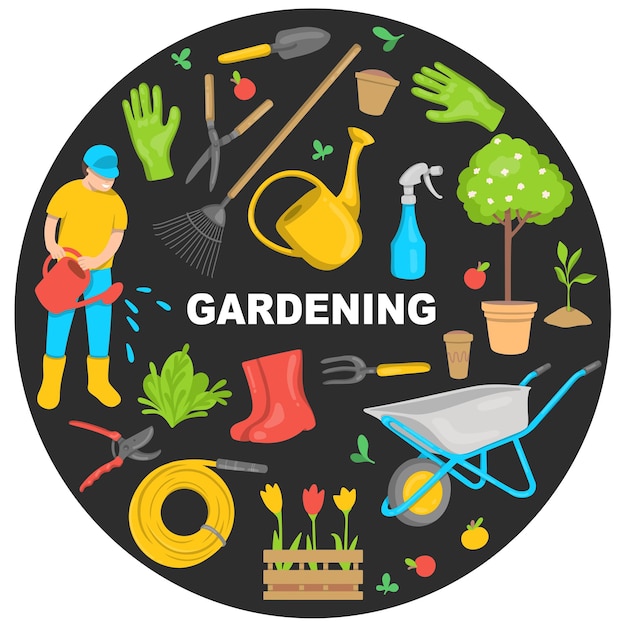 Raccolta di attrezzi da giardino e piante disposte in cerchio su sfondo nero