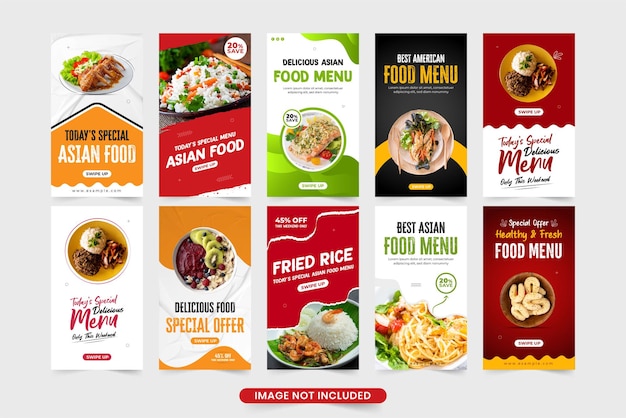 Raccolta di banner web pubblicitari di cibo per l'attività di ristorazione Menu di cibo speciale design di bundle di storie sui social media con segnaposto per foto Set di poster promozionali di cibo delizioso vettore