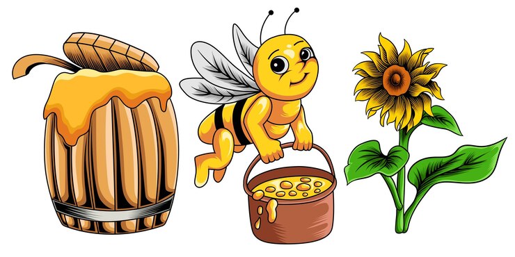raccolta di barile di miele d'api e illustrazione di fiori di sole