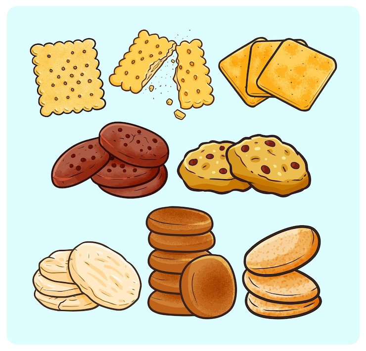 Raccolta di biscotti divertenti e gustosi in semplice stile doodle