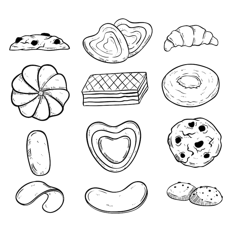 Vettore raccolta di biscotti in bianco e nero con stile disegnato a mano