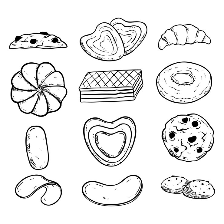 raccolta di biscotti in bianco e nero con stile disegnato a mano