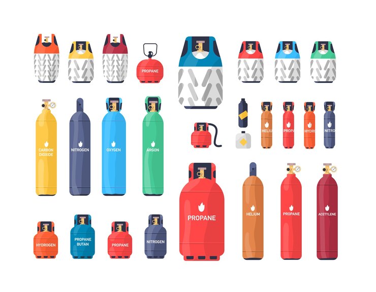 Vettore raccolta di bombole o serbatoi di gas compressi industriali di varie dimensioni e colori isolati su sfondo bianco. fascio di diversi recipienti a pressione. illustrazione vettoriale colorato in stile piatto