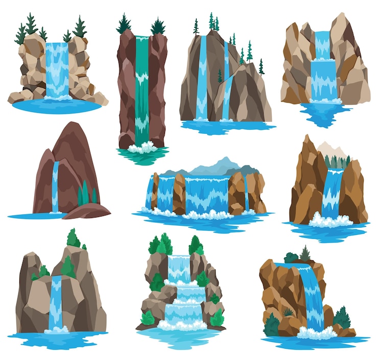 Vettore raccolta di cascate di cartoni animati a cascata del fiume paesaggi con montagne e alberi elementi di design per brochure di viaggio o gioco per cellulare di illustrazione acqua fresca naturale