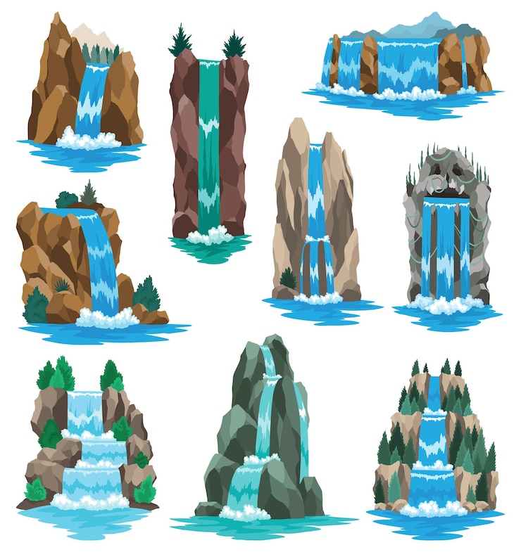 Vettore raccolta di cascate di cartoni animati a cascata del fiume paesaggi con montagne e alberi elementi di design per brochure di viaggio o gioco per cellulare di illustrazione acqua fresca naturale