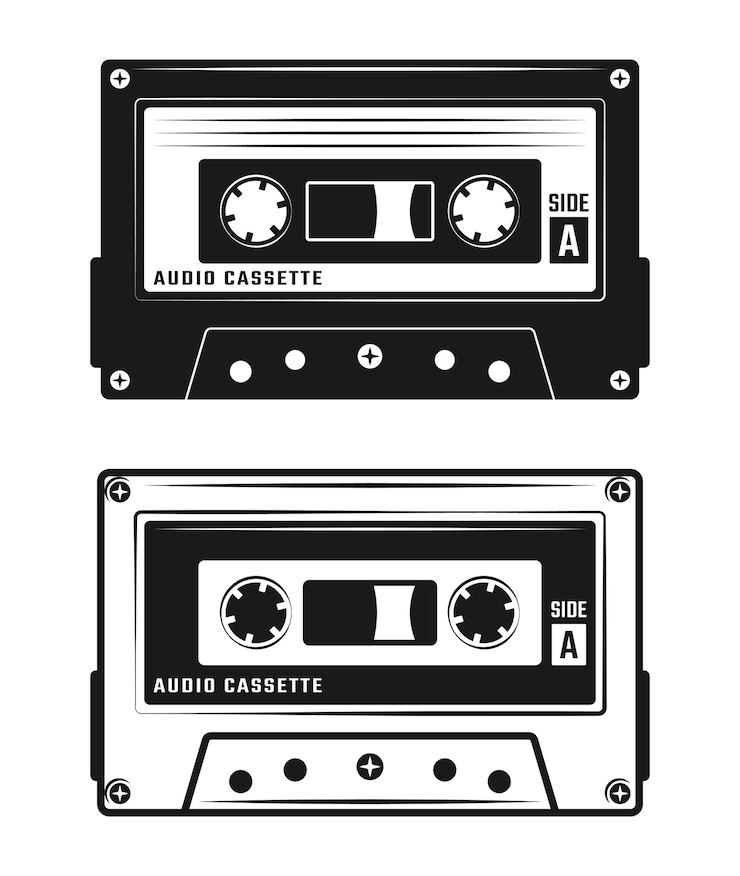 Vettore raccolta di cassette audio isolato su bianco